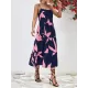 Contrast Color Floral Printed Loose Sleeveless Spaghetti-Neck Midi Dresses Contrast Color Floral Printed Loose Sleeveless Spaghetti-Neck Midi Dresses