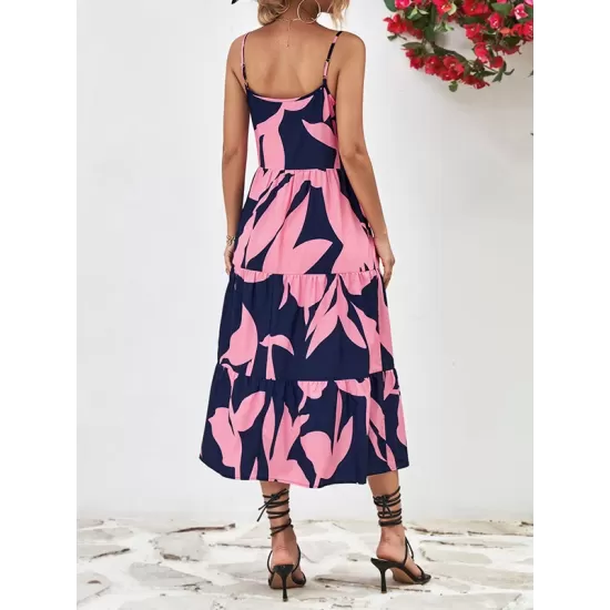 Contrast Color Floral Printed Loose Sleeveless Spaghetti-Neck Midi Dresses Contrast Color Floral Printed Loose Sleeveless Spaghetti-Neck Midi Dresses