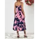 Contrast Color Floral Printed Loose Sleeveless Spaghetti-Neck Midi Dresses Contrast Color Floral Printed Loose Sleeveless Spaghetti-Neck Midi Dresses