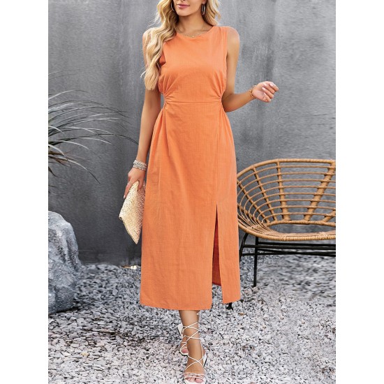 Hollow Solid Color Split-side Sleeveless Round-neck Midi Dresses Hollow Solid Color Split-side Sleeveless Round-neck Midi Dresses
