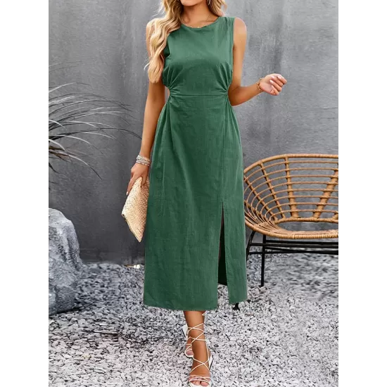 Hollow Solid Color Split-side Sleeveless Round-neck Midi Dresses Hollow Solid Color Split-side Sleeveless Round-neck Midi Dresses