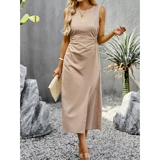 Hollow Solid Color Split-side Sleeveless Round-neck Midi Dresses Hollow Solid Color Split-side Sleeveless Round-neck Midi Dresses