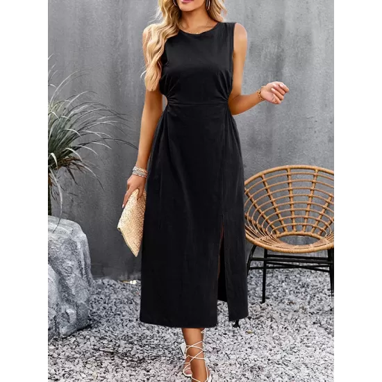 Hollow Solid Color Split-side Sleeveless Round-neck Midi Dresses Hollow Solid Color Split-side Sleeveless Round-neck Midi Dresses