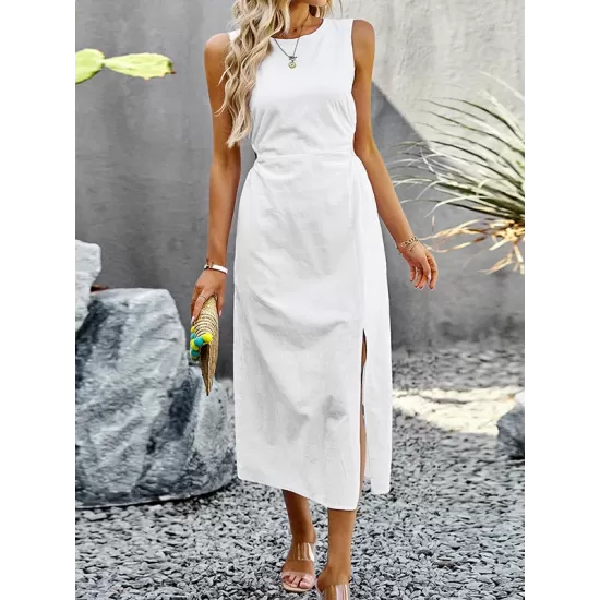 Hollow Solid Color Split-side Sleeveless Round-neck Midi Dresses Hollow Solid Color Split-side Sleeveless Round-neck Midi Dresses