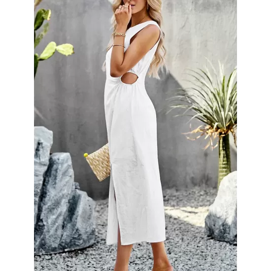 Hollow Solid Color Split-side Sleeveless Round-neck Midi Dresses Hollow Solid Color Split-side Sleeveless Round-neck Midi Dresses