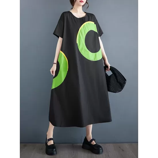 Contrast Color Pockets Printed Loose Short Sleeves Round-Neck Midi Dresses Contrast Color Pockets Printed Loose Short Sleeves Round-Neck Midi Dresses