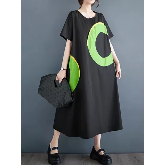 Contrast Color Pockets Printed Loose Short Sleeves Round-Neck Midi Dresses Contrast Color Pockets Printed Loose Short Sleeves Round-Neck Midi Dresses