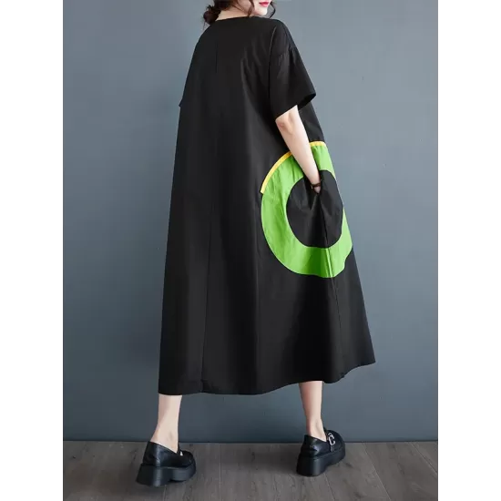 Contrast Color Pockets Printed Loose Short Sleeves Round-Neck Midi Dresses Contrast Color Pockets Printed Loose Short Sleeves Round-Neck Midi Dresses