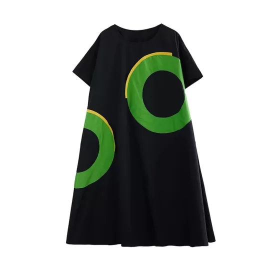 Contrast Color Pockets Printed Loose Short Sleeves Round-Neck Midi Dresses Contrast Color Pockets Printed Loose Short Sleeves Round-Neck Midi Dresses