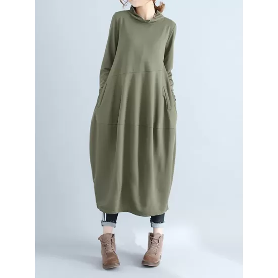 Casual Loose Plus Size Solid Color Hooded Midi Dresses Casual Loose Plus Size Solid Color Hooded Midi Dresses