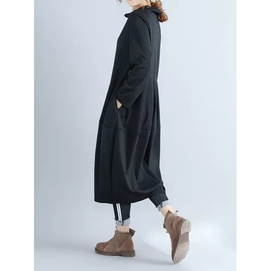 Casual Loose Plus Size Solid Color Hooded Midi Dresses Casual Loose Plus Size Solid Color Hooded Midi Dresses