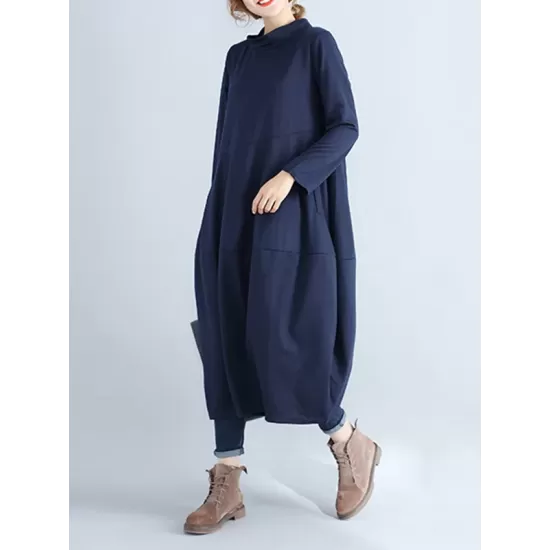 Casual Loose Plus Size Solid Color Hooded Midi Dresses Casual Loose Plus Size Solid Color Hooded Midi Dresses