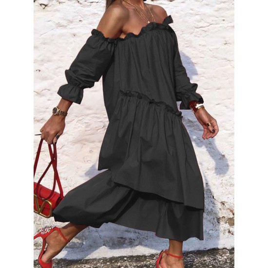 Loose Irregularity Falbala Solid Color Off-The-Shoulder Midi Dresses Loose Irregularity Falbala Solid Color Off-The-Shoulder Midi Dresses