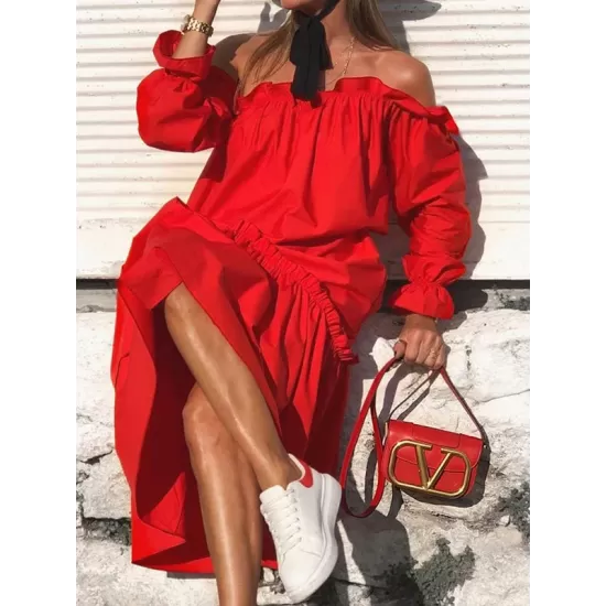 Loose Irregularity Falbala Solid Color Off-The-Shoulder Midi Dresses Loose Irregularity Falbala Solid Color Off-The-Shoulder Midi Dresses