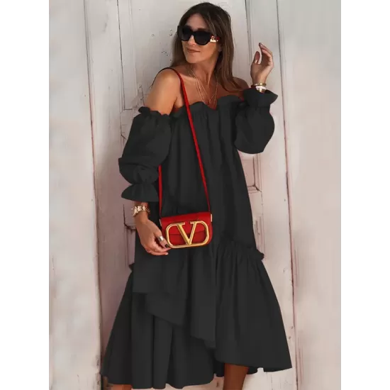 Loose Irregularity Falbala Solid Color Off-The-Shoulder Midi Dresses Loose Irregularity Falbala Solid Color Off-The-Shoulder Midi Dresses