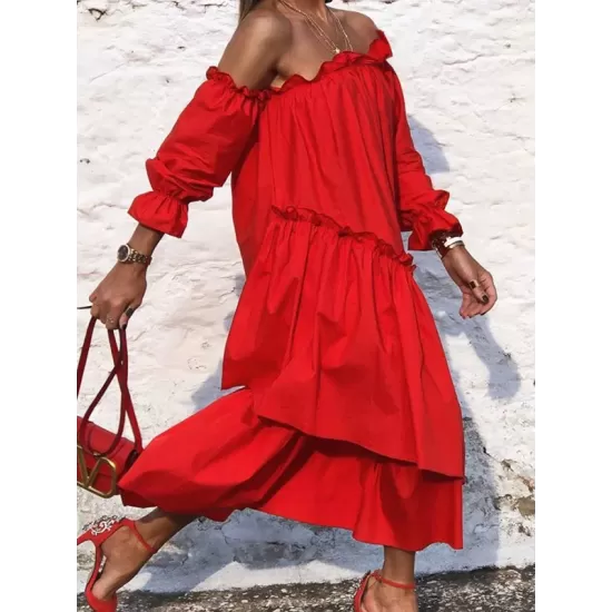 Loose Irregularity Falbala Solid Color Off-The-Shoulder Midi Dresses Loose Irregularity Falbala Solid Color Off-The-Shoulder Midi Dresses