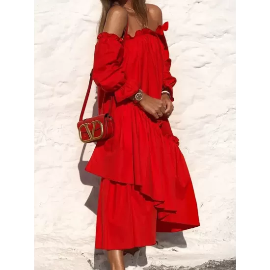 Loose Irregularity Falbala Solid Color Off-The-Shoulder Midi Dresses Loose Irregularity Falbala Solid Color Off-The-Shoulder Midi Dresses