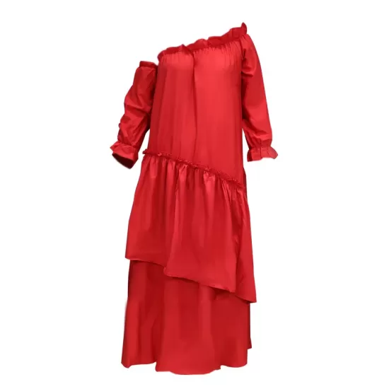 Loose Irregularity Falbala Solid Color Off-The-Shoulder Midi Dresses Loose Irregularity Falbala Solid Color Off-The-Shoulder Midi Dresses