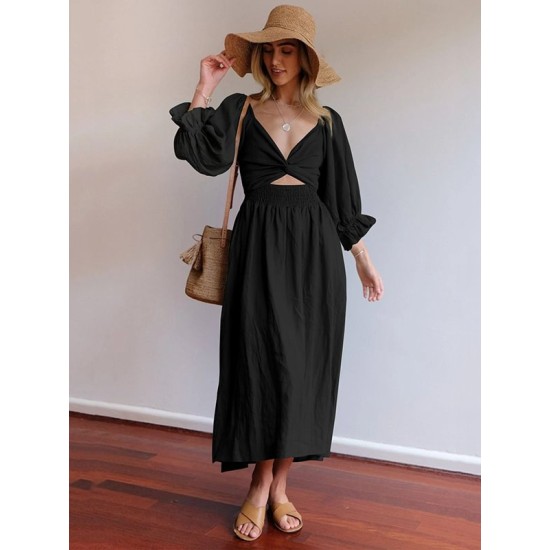 Original A-Line Loose Hollow Solid Color V-Neck Midi Dresses Original A-Line Loose Hollow Solid Color V-Neck Midi Dresses