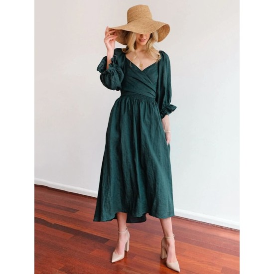 Original A-Line Loose Hollow Solid Color V-Neck Midi Dresses Original A-Line Loose Hollow Solid Color V-Neck Midi Dresses