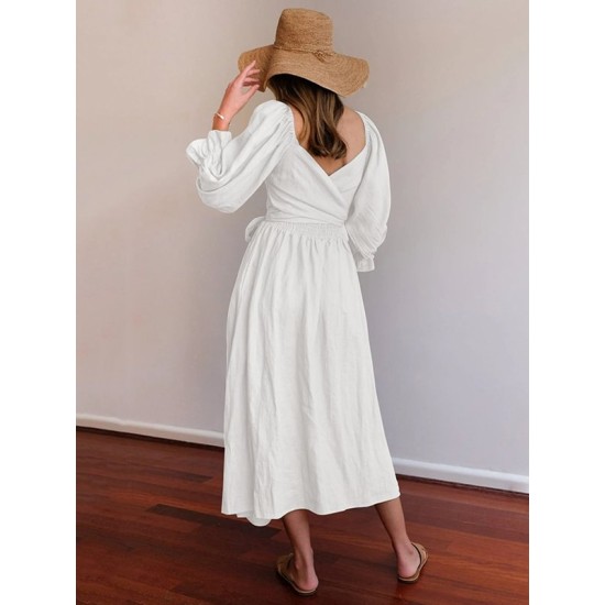 Original A-Line Loose Hollow Solid Color V-Neck Midi Dresses Original A-Line Loose Hollow Solid Color V-Neck Midi Dresses