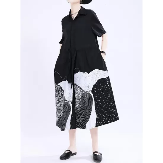 Contrast Color Drawstring Printed Tied Waist Loose Short Sleeves Lapel Shirt Dress Midi Dresses Contrast Color Drawstring Printed Tied Waist Loose Short Sleeves Lapel Shirt Dress Midi Dresses