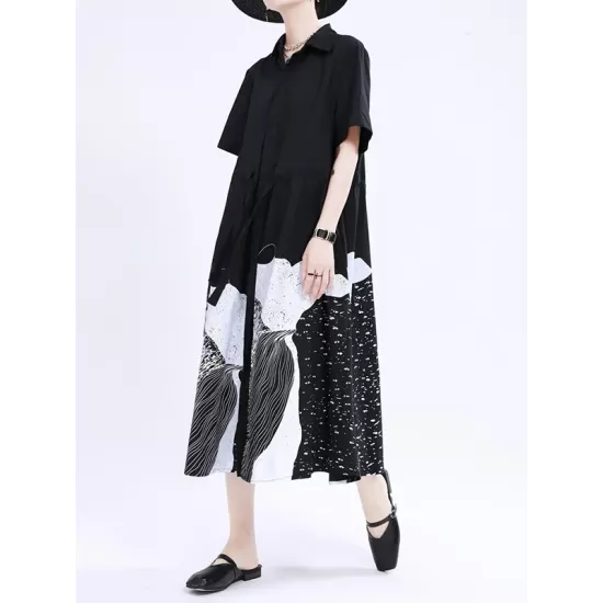 Contrast Color Drawstring Printed Tied Waist Loose Short Sleeves Lapel Shirt Dress Midi Dresses Contrast Color Drawstring Printed Tied Waist Loose Short Sleeves Lapel Shirt Dress Midi Dresses