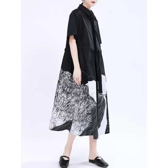 Contrast Color Drawstring Printed Tied Waist Loose Short Sleeves Lapel Shirt Dress Midi Dresses Contrast Color Drawstring Printed Tied Waist Loose Short Sleeves Lapel Shirt Dress Midi Dresses