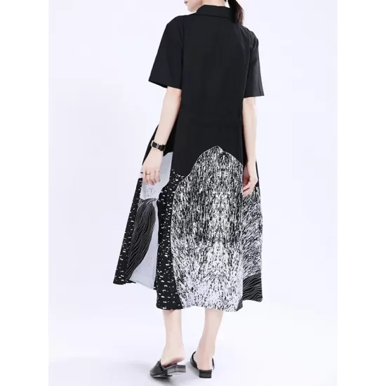 Contrast Color Drawstring Printed Tied Waist Loose Short Sleeves Lapel Shirt Dress Midi Dresses Contrast Color Drawstring Printed Tied Waist Loose Short Sleeves Lapel Shirt Dress Midi Dresses