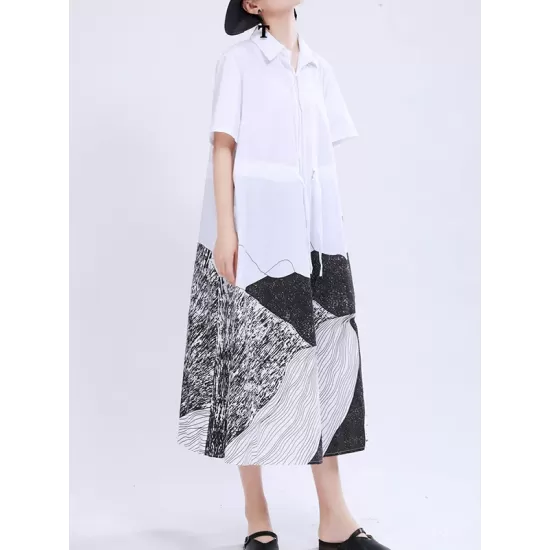 Contrast Color Drawstring Printed Tied Waist Loose Short Sleeves Lapel Shirt Dress Midi Dresses Contrast Color Drawstring Printed Tied Waist Loose Short Sleeves Lapel Shirt Dress Midi Dresses