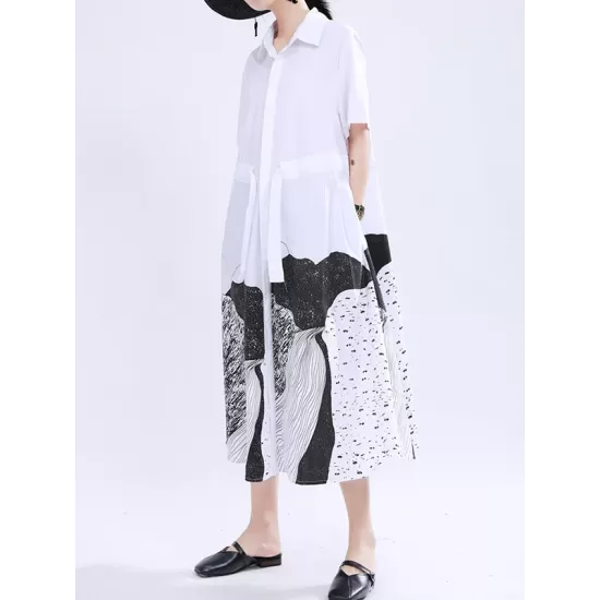 Contrast Color Drawstring Printed Tied Waist Loose Short Sleeves Lapel Shirt Dress Midi Dresses Contrast Color Drawstring Printed Tied Waist Loose Short Sleeves Lapel Shirt Dress Midi Dresses
