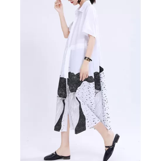 Contrast Color Drawstring Printed Tied Waist Loose Short Sleeves Lapel Shirt Dress Midi Dresses Contrast Color Drawstring Printed Tied Waist Loose Short Sleeves Lapel Shirt Dress Midi Dresses