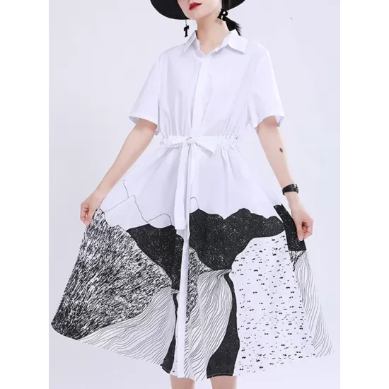Contrast Color Drawstring Printed Tied Waist Loose Short Sleeves Lapel Shirt Dress Midi Dresses Contrast Color Drawstring Printed Tied Waist Loose Short Sleeves Lapel Shirt Dress Midi Dresses
