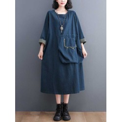 Fringed Pockets Split-Joint A-Line Long Sleeves Round-Neck Midi Dresses