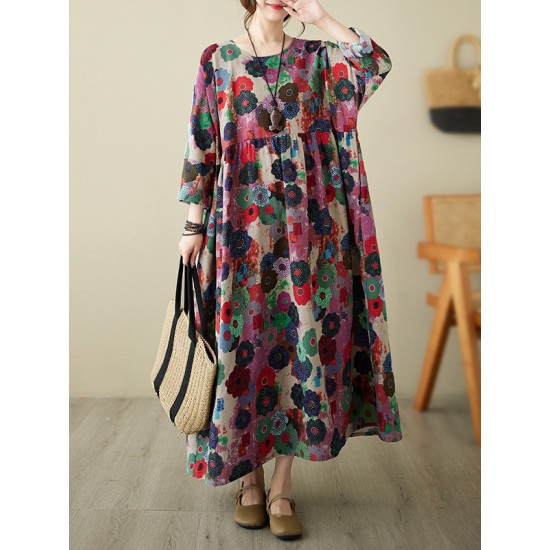 Flower Print Pockets Split-Joint Long Sleeves Loose Round-Neck Midi Dresses Flower Print Pockets Split-Joint Long Sleeves Loose Round-Neck Midi Dresses
