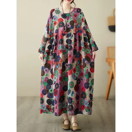 Flower Print Pockets Split-Joint Long Sleeves Loose Round-Neck Midi Dresses Flower Print Pockets Split-Joint Long Sleeves Loose Round-Neck Midi Dresses