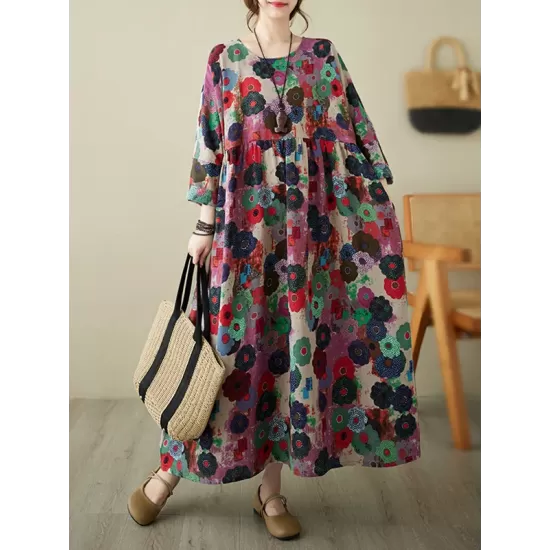 Flower Print Pockets Split-Joint Long Sleeves Loose Round-Neck Midi Dresses Flower Print Pockets Split-Joint Long Sleeves Loose Round-Neck Midi Dresses