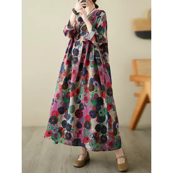 Flower Print Pockets Split-Joint Long Sleeves Loose Round-Neck Midi Dresses Flower Print Pockets Split-Joint Long Sleeves Loose Round-Neck Midi Dresses