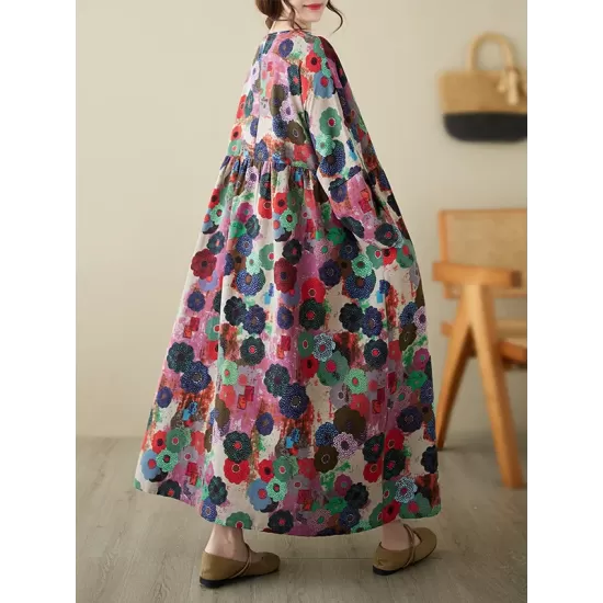 Flower Print Pockets Split-Joint Long Sleeves Loose Round-Neck Midi Dresses Flower Print Pockets Split-Joint Long Sleeves Loose Round-Neck Midi Dresses