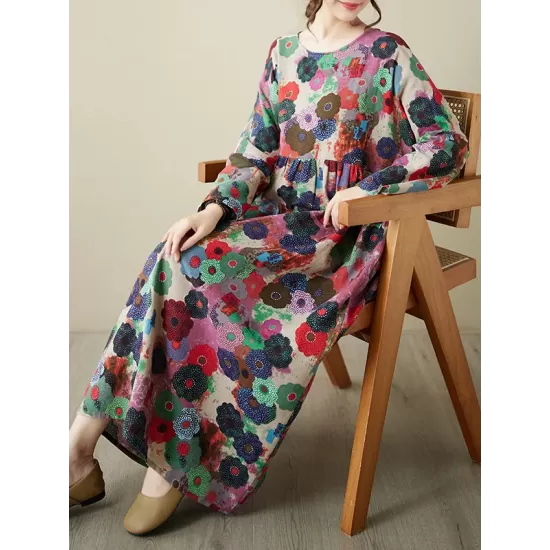 Flower Print Pockets Split-Joint Long Sleeves Loose Round-Neck Midi Dresses Flower Print Pockets Split-Joint Long Sleeves Loose Round-Neck Midi Dresses