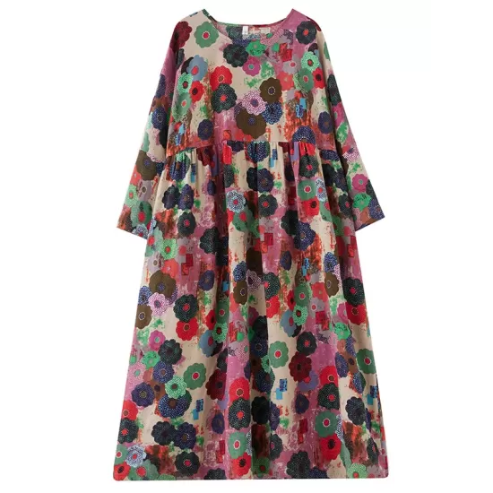 Flower Print Pockets Split-Joint Long Sleeves Loose Round-Neck Midi Dresses Flower Print Pockets Split-Joint Long Sleeves Loose Round-Neck Midi Dresses