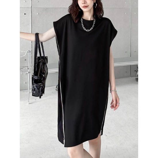 Loose Short Sleeves Asymmetric Zipper Round-Neck Dresses Midi Dresses Loose Short Sleeves Asymmetric Zipper Round-Neck Dresses Midi Dresses