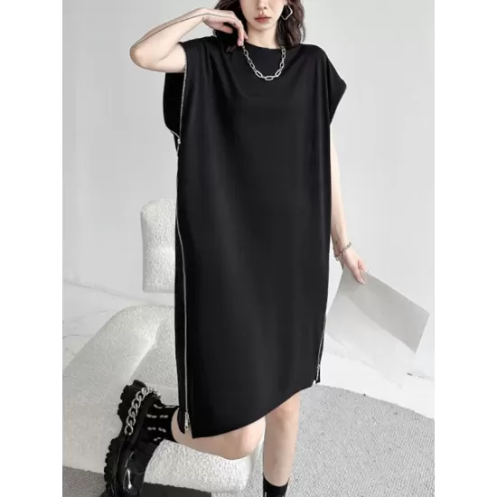 Loose Short Sleeves Asymmetric Zipper Round-Neck Dresses Midi Dresses Loose Short Sleeves Asymmetric Zipper Round-Neck Dresses Midi Dresses