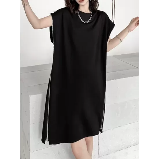 Loose Short Sleeves Asymmetric Zipper Round-Neck Dresses Midi Dresses Loose Short Sleeves Asymmetric Zipper Round-Neck Dresses Midi Dresses