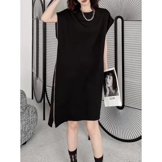 Loose Short Sleeves Asymmetric Zipper Round-Neck Dresses Midi Dresses Loose Short Sleeves Asymmetric Zipper Round-Neck Dresses Midi Dresses