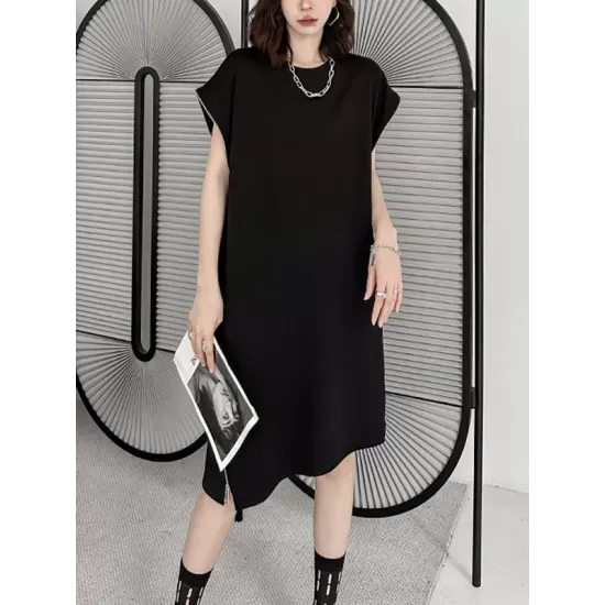 Loose Short Sleeves Asymmetric Zipper Round-Neck Dresses Midi Dresses Loose Short Sleeves Asymmetric Zipper Round-Neck Dresses Midi Dresses