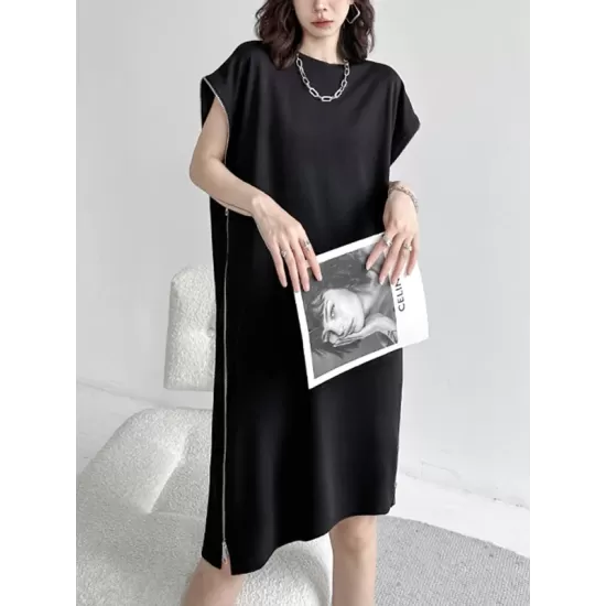 Loose Short Sleeves Asymmetric Zipper Round-Neck Dresses Midi Dresses Loose Short Sleeves Asymmetric Zipper Round-Neck Dresses Midi Dresses