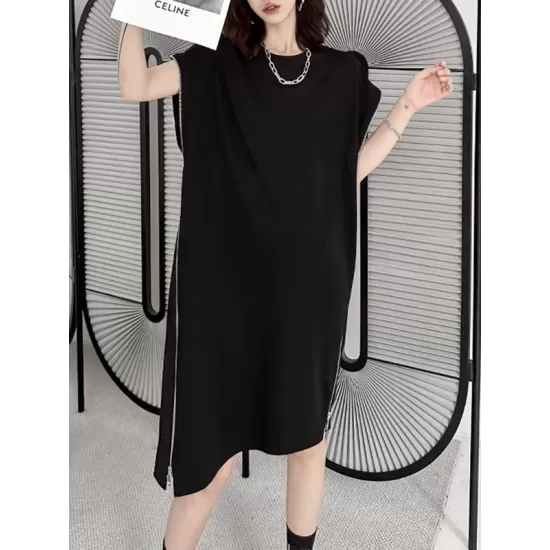Loose Short Sleeves Asymmetric Zipper Round-Neck Dresses Midi Dresses Loose Short Sleeves Asymmetric Zipper Round-Neck Dresses Midi Dresses