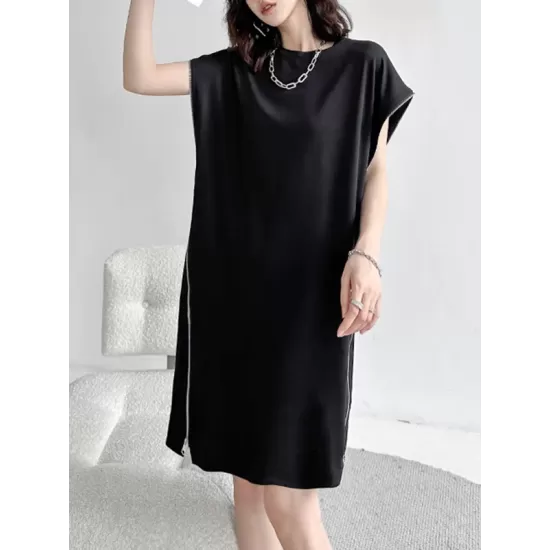 Loose Short Sleeves Asymmetric Zipper Round-Neck Dresses Midi Dresses Loose Short Sleeves Asymmetric Zipper Round-Neck Dresses Midi Dresses