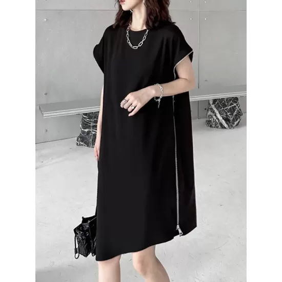 Loose Short Sleeves Asymmetric Zipper Round-Neck Dresses Midi Dresses Loose Short Sleeves Asymmetric Zipper Round-Neck Dresses Midi Dresses